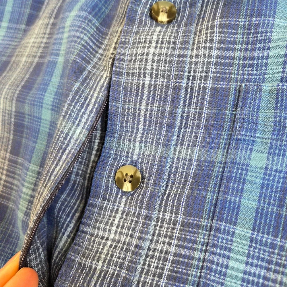 ExOfficio Mens Blue Plaid Long Sleeve Button Down Shirt Hidden Pocket Large
